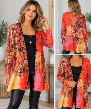 NIC+ZOE Linen Blend Cardigan Womens Large Orange Abstract Print Lightweight Knit